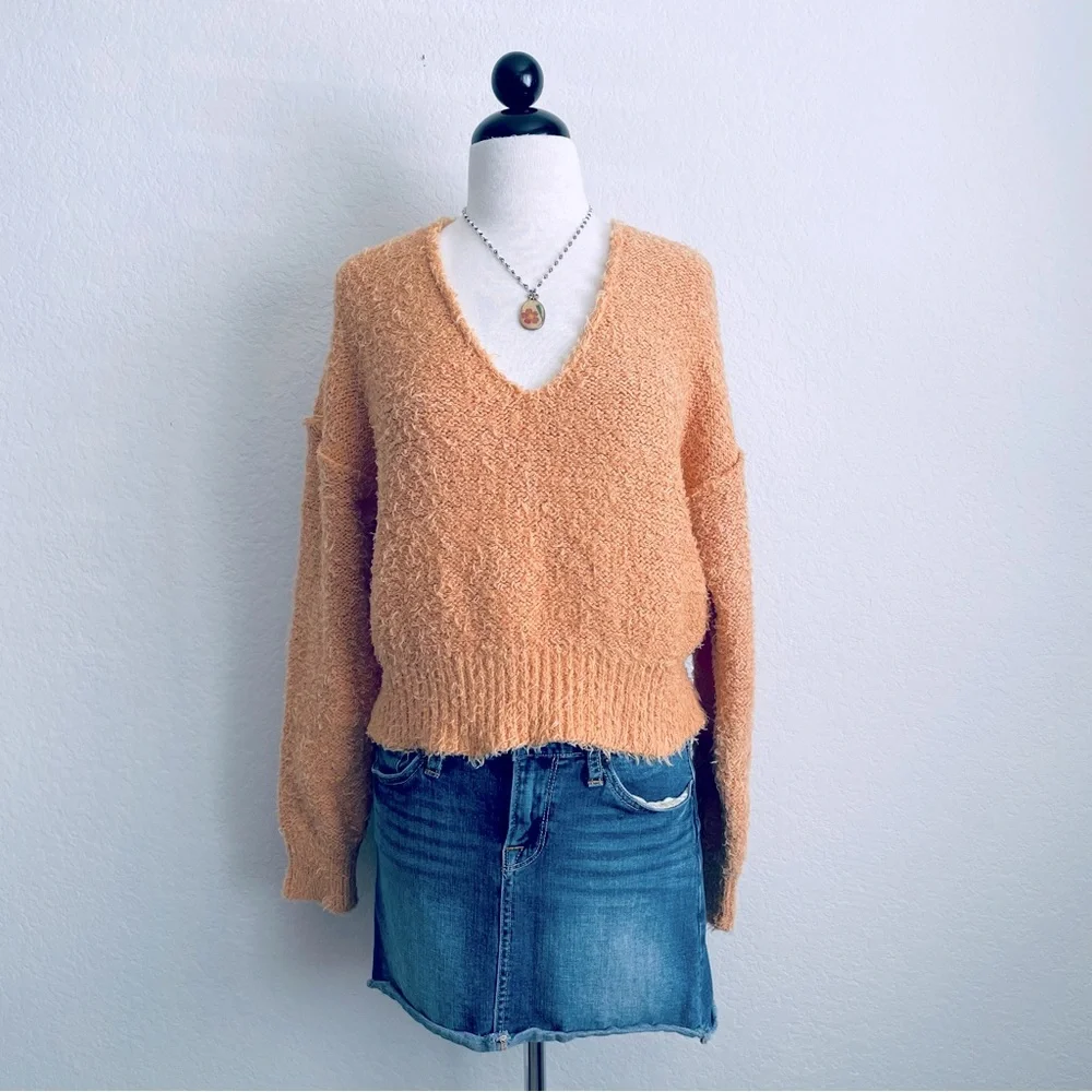 We the Free Free People Orange Eyelash V-Neck Cropped Sweater